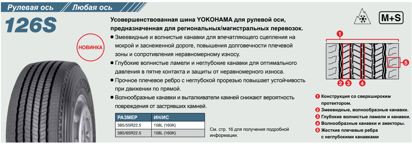 Грузовая шина Yokohama 126S 385/65 R22.5 158L, рулевая ось