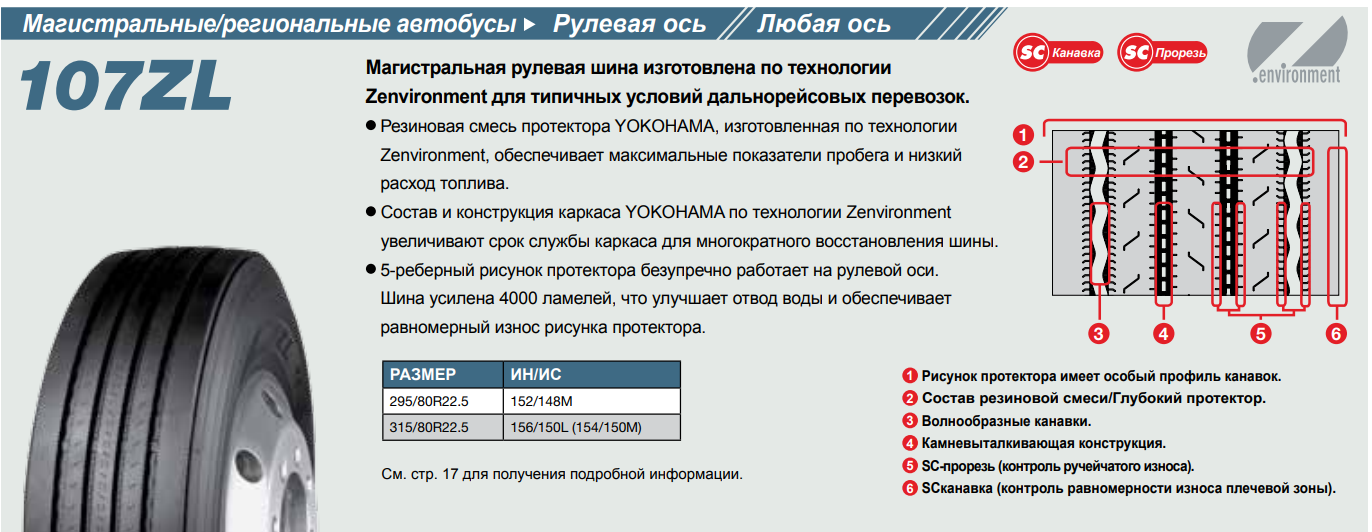 Грузовая шина Yokohama 107ZL 315/70 R22.5, рулевая ось