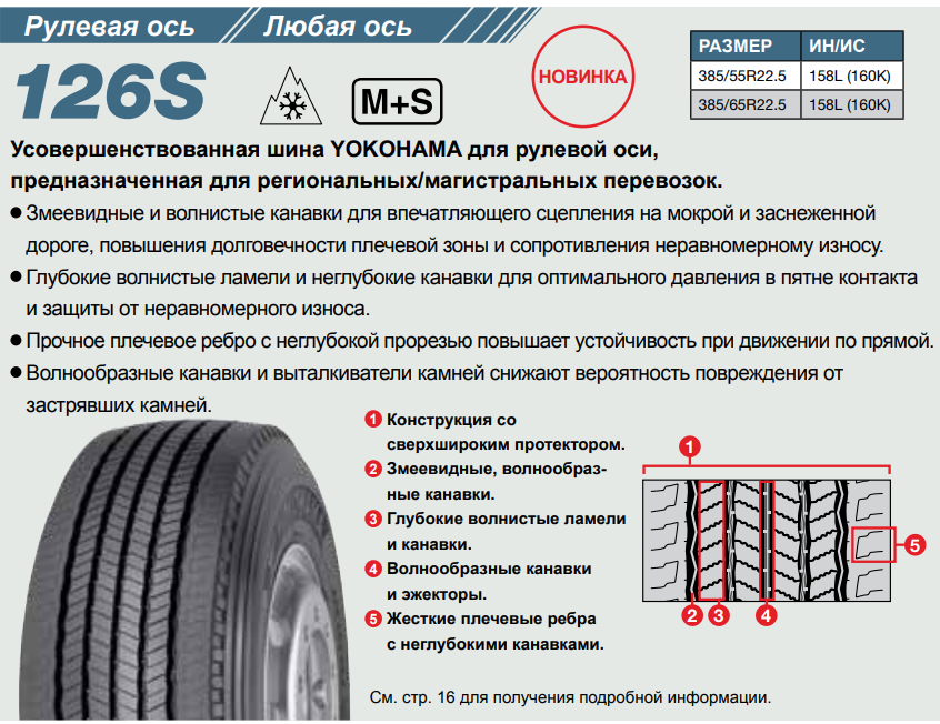 Грузовая шина Yokohama 126S 385/65 R22.5 158L, рулевая ось
